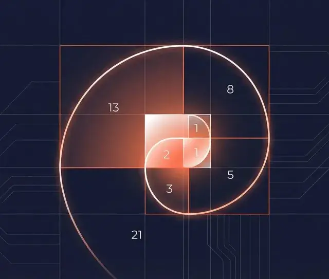 Die Fibonacci-Folge visualisiert sich in einem goldenen Schnitt-Spiralmuster, das sich von kleinen Quadraten zu größeren entwickelt.