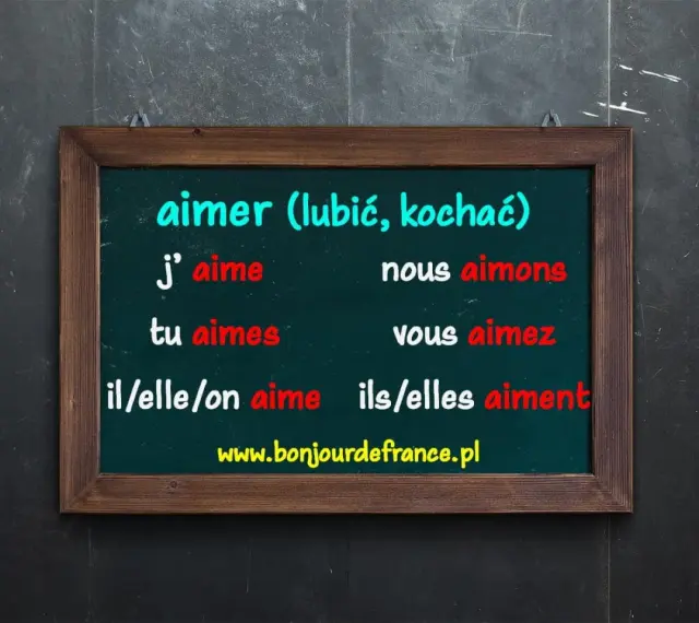 Tablica z odmianą czasownika "aimer" (lubić, kochać) po francusku. "J'aime" to ja lubię.
