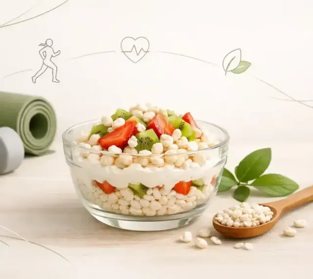 Zdrowy deser z jogurtem, truskawkami, kiwi i ryżem preparowanym. Idealny na śniadanie, gdy liczymy ryż preparowany kcal.