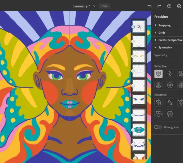 Kolorowy portret kobiety z motylimi skrzydłami, tworzony w programie Adobe Fresco z włączoną symetrią.