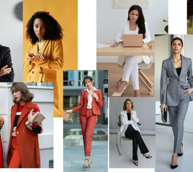 Kobiety w stylizacjach business casual: garnitury, marynarki i eleganckie spodnie.