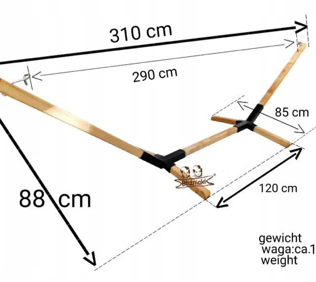 Drewniany stelaż do hamaka zrób sam, o wymiarach 310x88 cm, z elementami mocującymi i oznaczeniami.