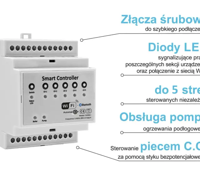 Inteligentne sterowniki do podłogówki z Wi-Fi i Bluetooth, obsługujące do 5 stref, pompę CO i piec.