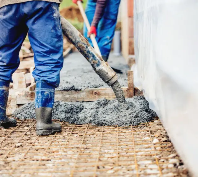 Pracownicy wylewają beton na zbrojenie. Warto wiedzieć, ile waży kubik betonu, by zaplanować transport i obciążenie konstrukcji.