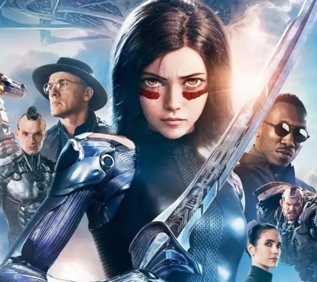 Alita Battle Angel: Alita z mieczem, otoczona przez innych bohaterów, w tym Hugo, Chiren i Ido.