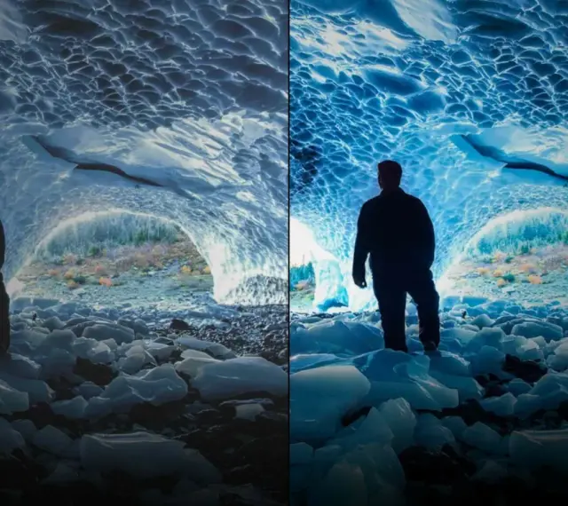 Porównanie obrazu z i bez Dolby Vision. Widok jaskini lodowej z postacią, gdzie Dolby Vision podkreśla głębię i kolory.