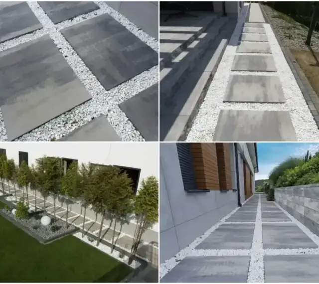 Nowoczesna opaska wokół domu z płyt betonowych i białego żwiru tworzy eleganckie ścieżki i ozdobne rabaty.
