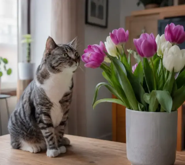 Kot wpatruje się w bukiet tulipanów. Czy tulipany są trujące dla kota? Warto wiedzieć, że tak, są toksyczne dla kotów.