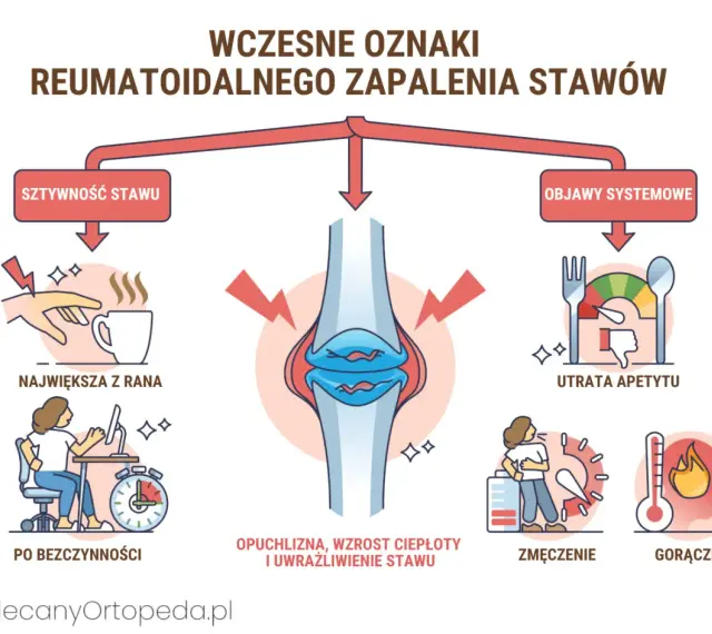 Wczesne oznaki reumatoidalnego zapalenia stawów: sztywność stawu, opuchlizna, zmęczenie, gorączka, utrata apetytu.