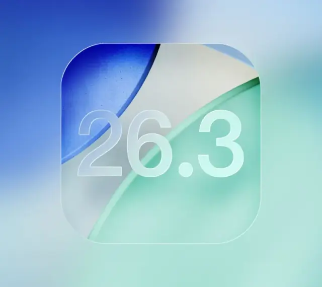 Abstrakcyjny wzór z cyframi 26.3, przypominający ikonę aplikacji na iOS 26.3.