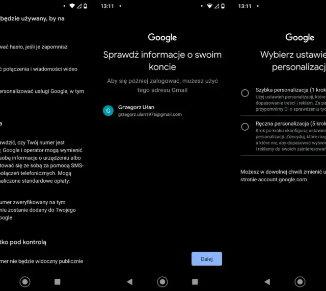 Ekran konfiguracji konta Google. Wybierz, jak założyć konto Google i spersonalizować ustawienia.