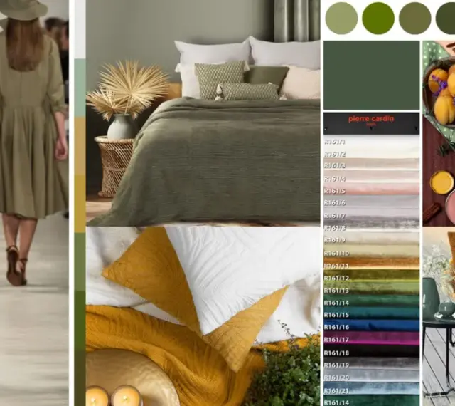 Inspiracje kolorystyczne: jaki kolor pasuje do khaki? Od mody po wnętrza, paleta barw z brzoskwiniami, zielenią i złotem.
