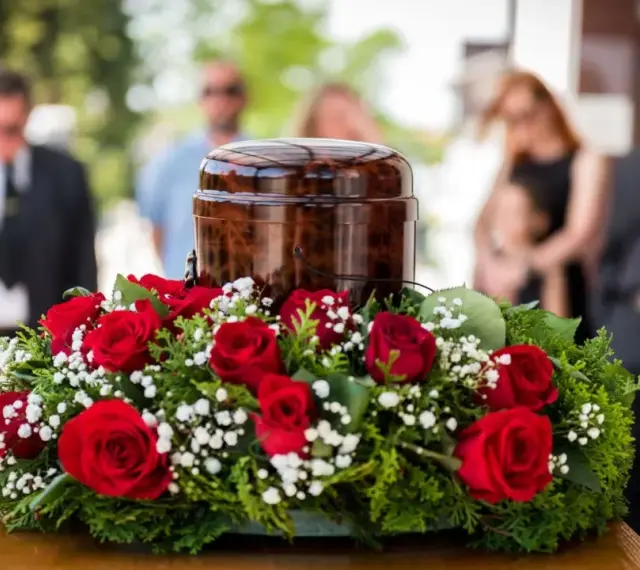 Czerwone róże i gipsówka otaczają urnę. Takie kwiaty na pogrzebie starszej osoby symbolizują miłość i pamięć.
