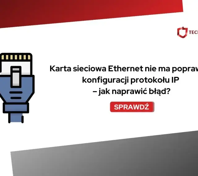 Ikona kabla Ethernet obok tekstu "Karta sieciowa Ethernet nie ma poprawnej konfiguracji protokołu IP – jak naprawić błąd?". Rozwiązanie problemu z błędem konfiguracji IP.