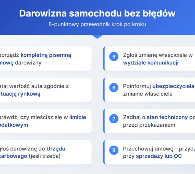 Przewodnik po darowiźnie samochodu w rodzinie: umowa, wartość, podatki, zgłoszenie w urzędzie i komunikacji, ubezpieczenie, stan techniczny, przechowywanie umowy.
