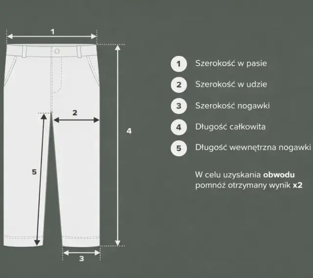 Tabela rozmiarów spodni, w tym szerokość w pasie, udzie i nogawce, długość całkowita i wewnętrzna. Idealne dla rozmiaru spodni 44.