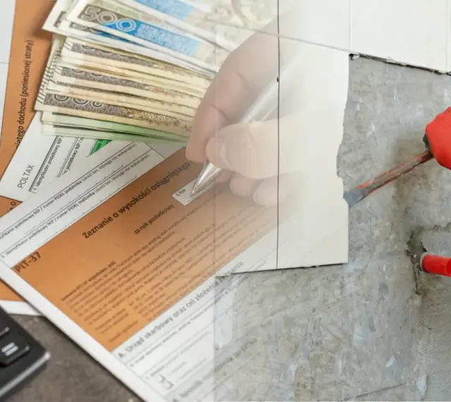 Jak odliczyć remont od podatku? PIT-37, pieniądze i narzędzia budowlane sugerują możliwość odliczenia wydatków.