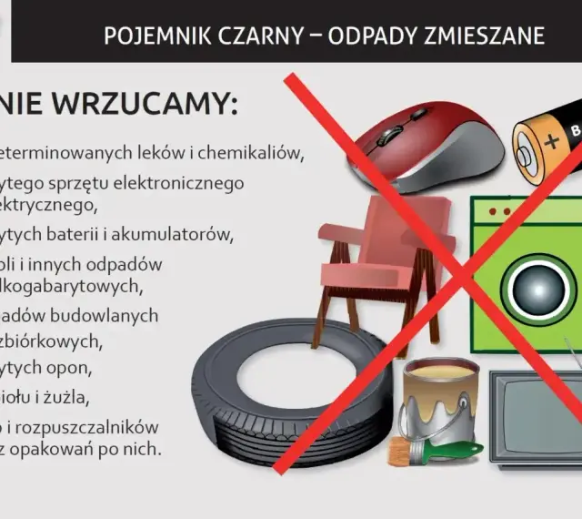 Czarny pojemnik na odpady zmieszane nie przyjmuje leków, elektroniki, baterii, mebli, opon, farb.