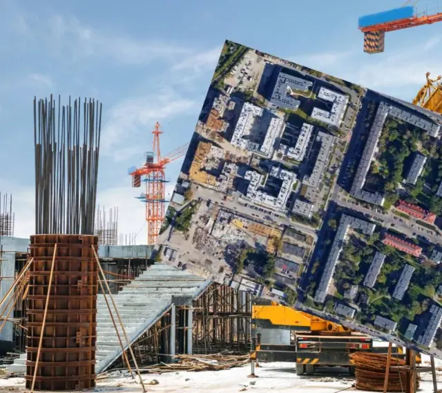 Budowa osiedla z widokiem na stare bloki, symbol patodeweloperki. Dźwigi i zbrojenia kontrastują z ułożonym na niebie zdjęciem lotniczym.