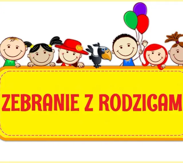 Radosne dzieci z balonami i konewką zapraszają na zebranie z rodzicami.