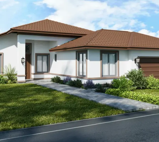 Nowoczesny bungalow z brązowym dachem i białymi ścianami, otoczony zielonym trawnikiem i krzewami.