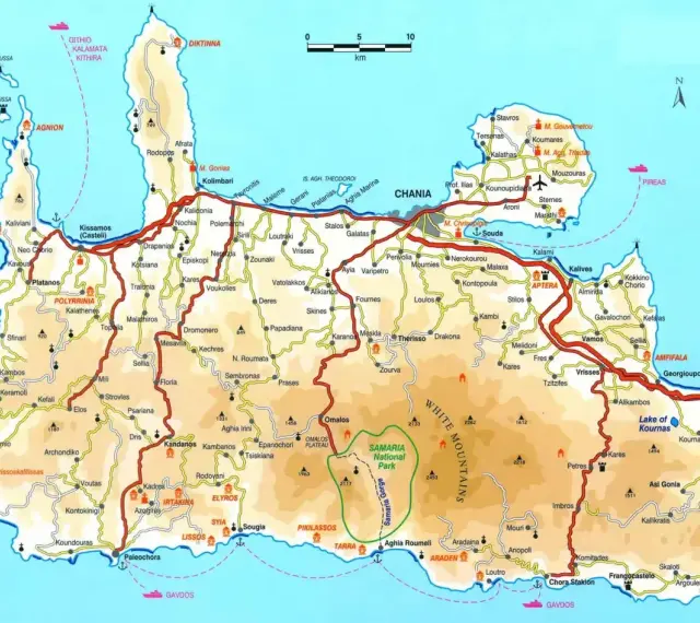 Mapa Krety Zachodniej. Widać tu góry, wybrzeże, drogi i miejscowości. Gdzie leży Kreta? Na tej mapie widzimy zachodnią część wyspy Kreta.