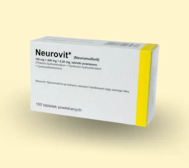 Opakowanie leku Neurovit, zawierające witaminy z grupy B, stosowane w leczeniu schorzeń układu nerwowego.