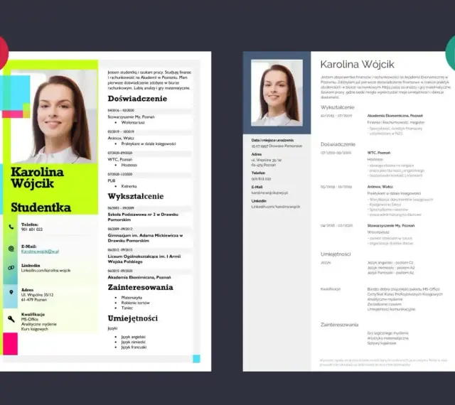 CV Karoliny Wójcik, studentki finansów, pokazuje, że czy CV może mieć 2 strony. Zawiera doświadczenie, wykształcenie i umiejętności.
