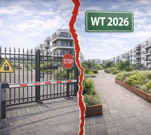 Dlaczego deweloperzy stawiają bloki tak blisko siebie? Czy to zgodne z WT2026? Obraz przedstawia zamknięte osiedle i nowoczesne budynki.