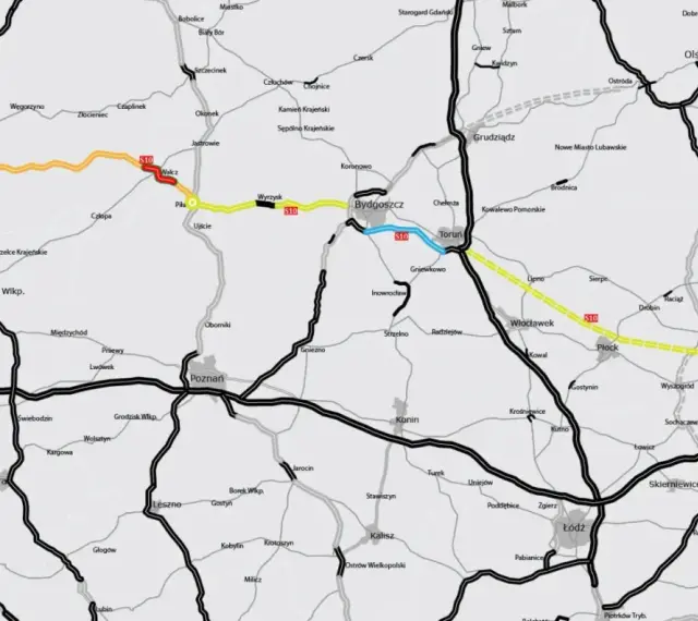Trasa S10 pokazuje, ile jest kilometrów ze Szczecina do Warszawy, prowadząc przez Piłę, Bydgoszcz, Toruń i Płock.