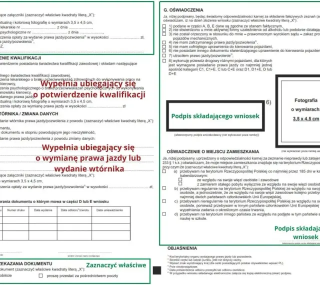Formularz wniosku o wydanie prawa jazdy lub wtórnika, z miejscem na zdjęcie 3,5x4,5 cm. Wniosek dotyczy rejestracji samochodu online.
