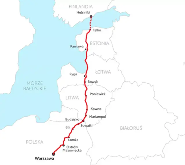 Trasa z Warszawy przez Litwę, Łotwę do Estonii i Finlandii. Mapa pokazuje miasta i drogi, przydatna do planowania podróży i opłat drogowych Litwa Łotwa Estonia.