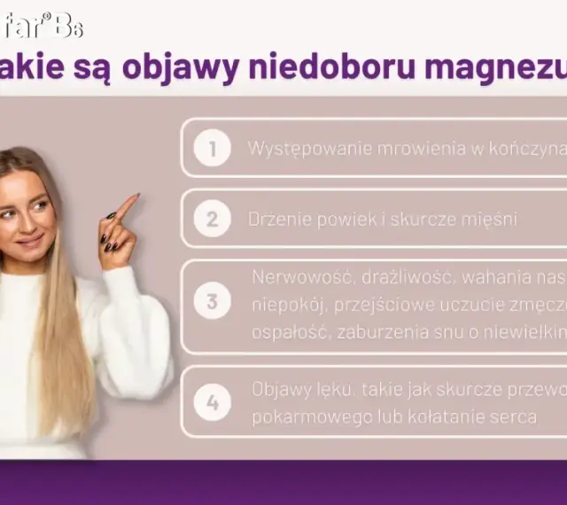 Kobieta wskazuje na listę objawów niedoboru magnezu: mrowienie, drżenie powiek, nerwowość, lęk.