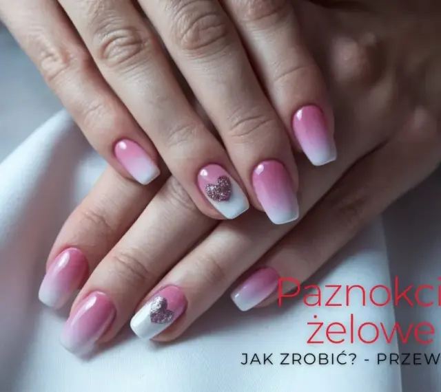 Eleganckie paznokcie żelowe w stylu ombre z błyszczącymi serduszkami.