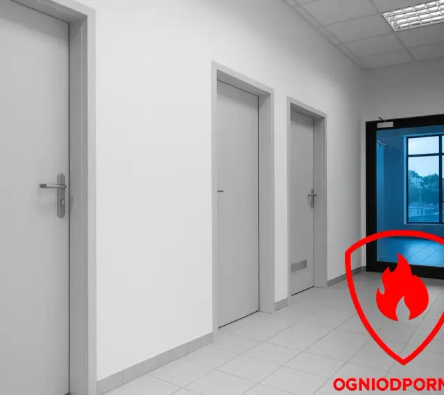 Korytarz z kilkoma drzwiami, w tym jedne przeszklone. Czerwona tarcza z płomieniem symbolizuje ognioodporność, ważne przy wyborze drzwi do kotłowni.