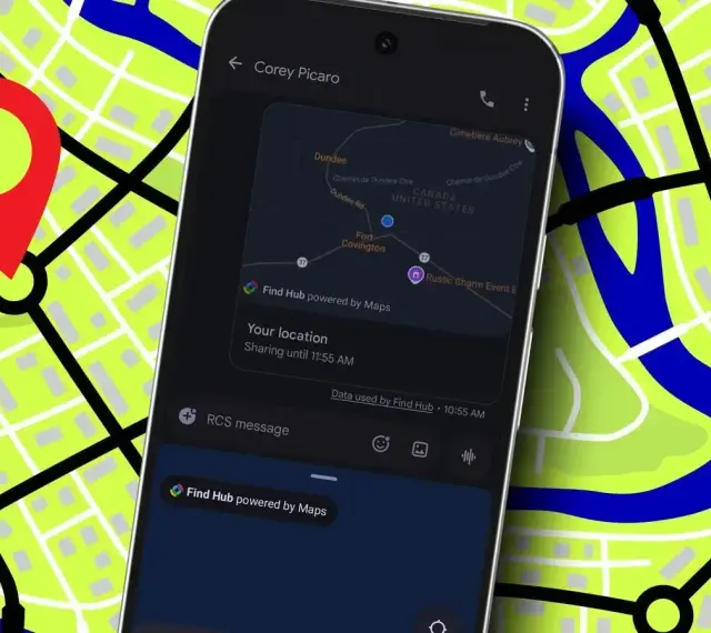 Telefon pokazuje udostępnianie lokalizacji w aplikacji "Find Hub powered by Maps". Widok mapy z zaznaczonym punktem i ikoną pinezki.