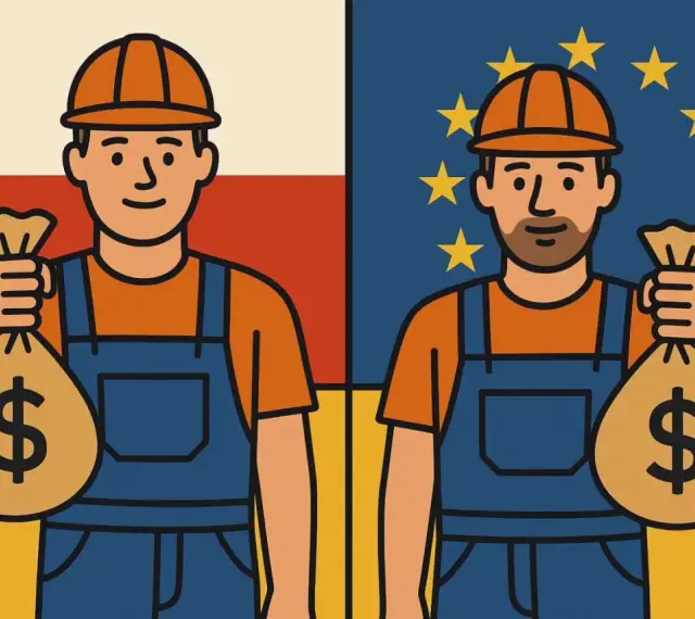 Dwaj pracownicy z workami pieniędzy. Jeden stoi na tle flagi Polski, drugi na tle flagi UE. Porównanie kosztów instalacji elektrycznej.