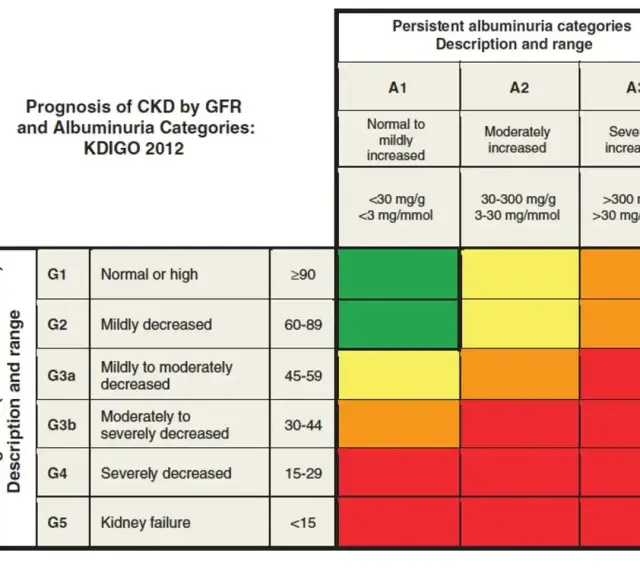Tabela prognozy PChN wg KDIGO 2012: GFR (G1-G5) i albuminurii (A1-A3). Kolory wskazują ryzyko.