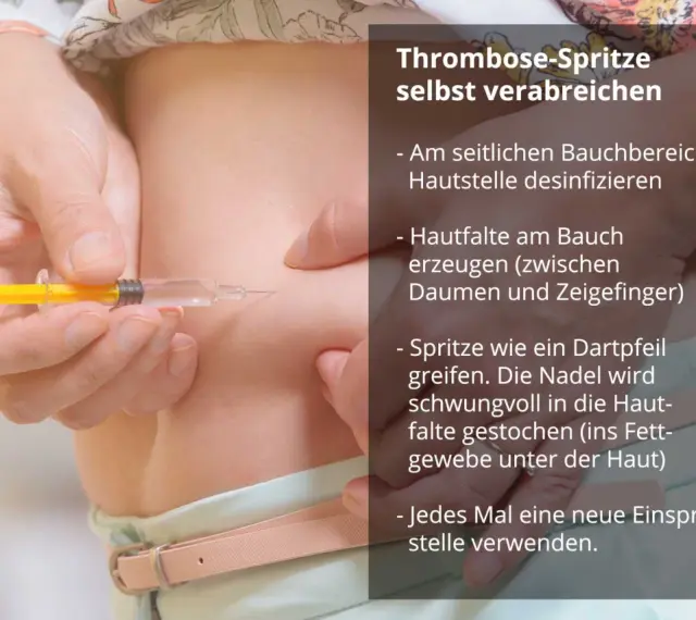 Eine Person verabreicht sich selbst eine Thrombose-Spritze in den Bauch. Die Kosten für die Spritze sind hier nicht ersichtlich.