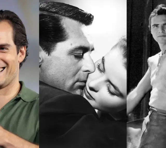 Uśmiechnięty Henry Cavill obok klasycznych scen filmowych.