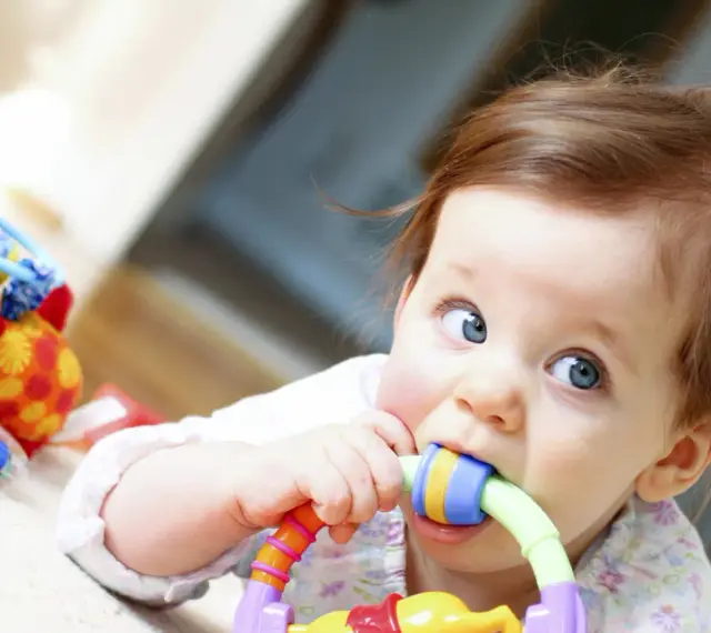Bébé curieux mordillant un jouet coloré, dans le cadre d'un projet d'accueil individualisé pour son développement.