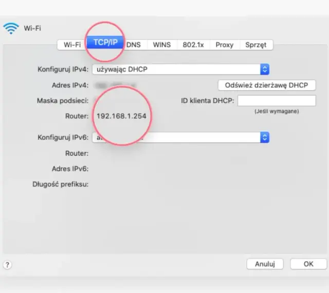 Konfiguracja sieci TCP/IP, gdzie adres routera to 192.168.1.254.