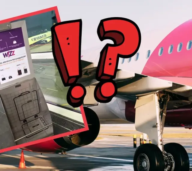 Wizz Air: czy można wziąć parasol do samolotu? Tablica kontrolna bagażu podręcznego obok samolotu Wizz Air.
