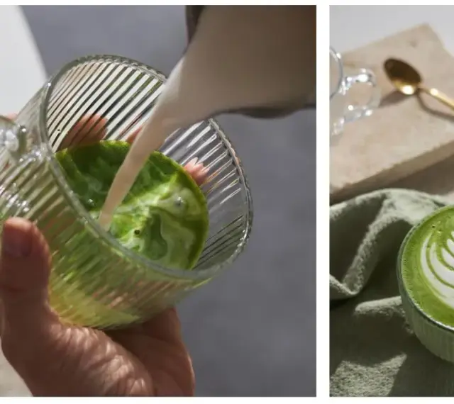 Zielony napój matcha, przygotowywany z mlekiem, w szklance z uchwytem. Obok gotowy napój z pianką.