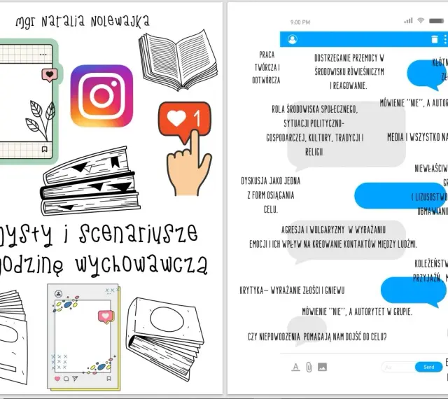 Grafika z elementami do lekcji wychowawczej klasa 7: ikony social mediów, książki, dymki z tekstem o relacjach i emocjach.
