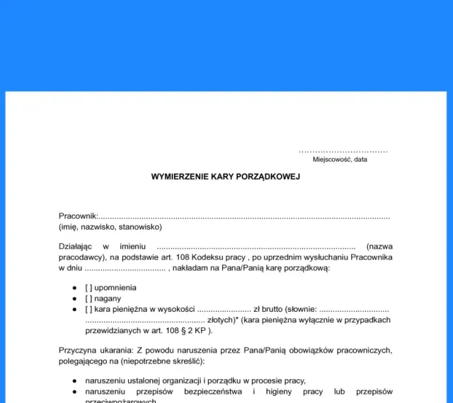 Dokument "Wymierzenie kary porządkowej" dla pracownika, który nie przeszedł szkolenie bhp.
