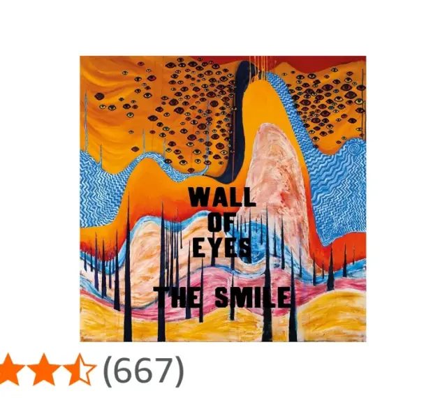 Obraz "Wall of Eyes" zespołu The Smile. Surrealistyczna kompozycja z licznymi oczami na pomarańczowym tle, przypominająca ścianę spojrzeń.