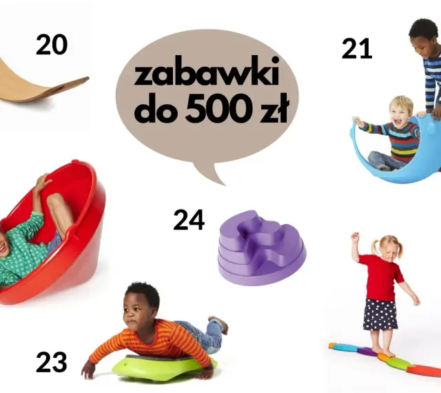 Różnorodne zabawy sensoryczne dla 4 latka: huśtawka, bujak, ścieżka równowagi i inne.