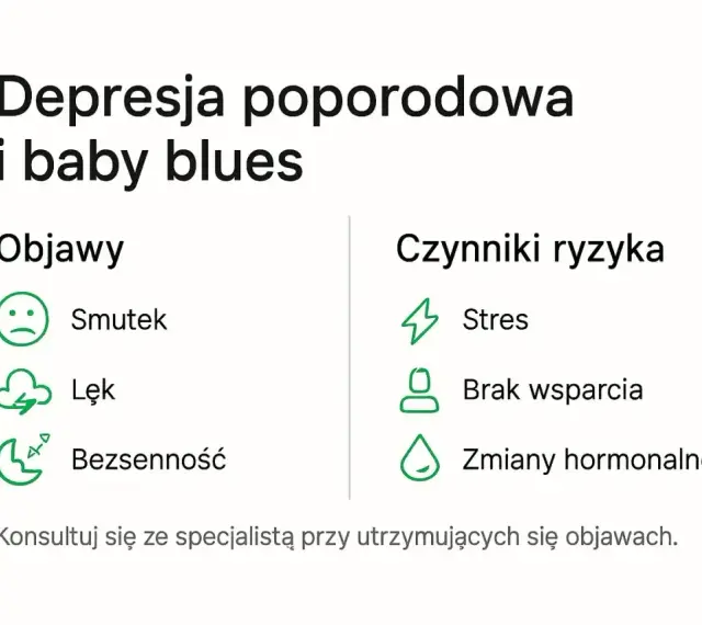 Depresja poporodowa i baby blues: objawy (smutek, lęk, bezsenność) i czynniki ryzyka (stres, brak wsparcia, zmiany hormonalne).
