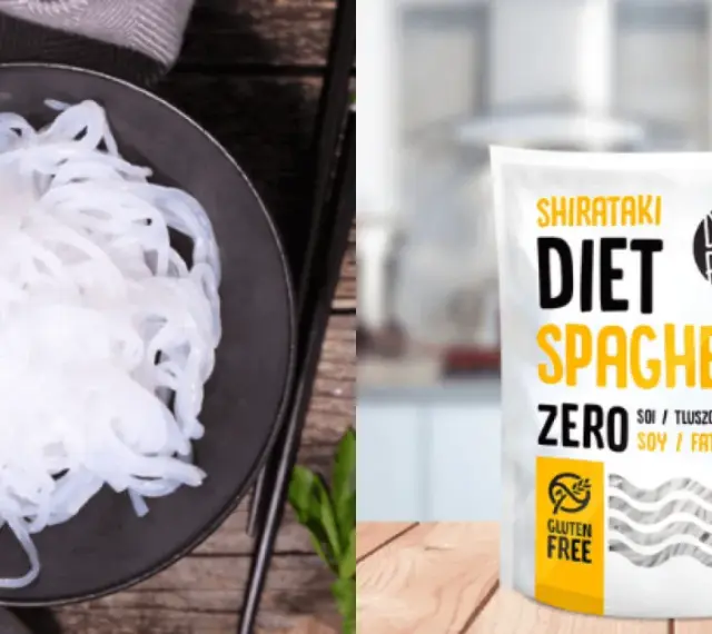 Makaron konjac na talerzu obok opakowania Shirataki Diet Spaghetti. Idealny wybór dla osób dbających o linię.